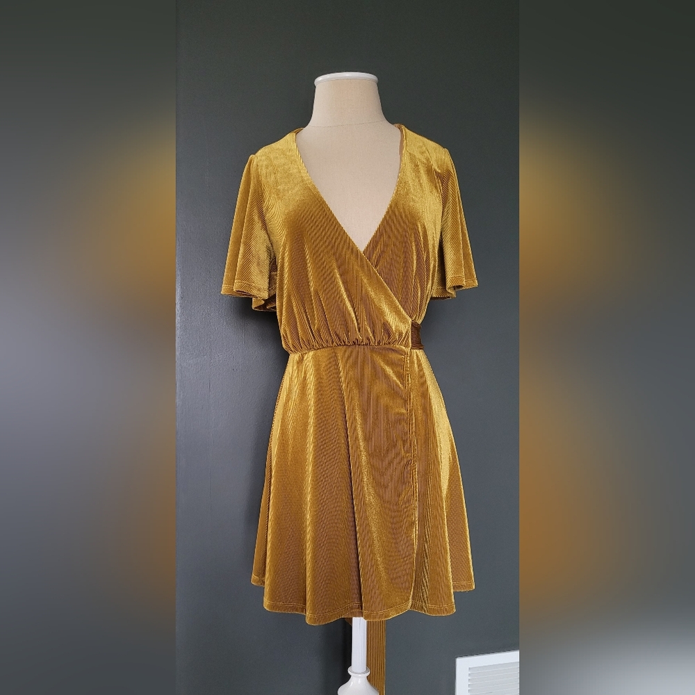Lovers & Friends Layla Gold Ribbed Faux Velvet Wrap Mini Dress.